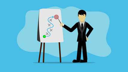 Smart businessman presenting business strategy on whiteboard, Business strategy planning