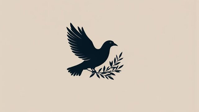 Black bird with olive branch on beige background
