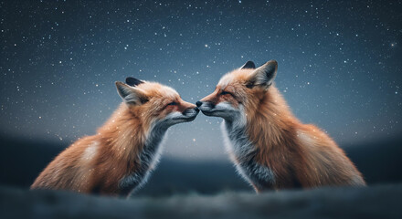 Two foxes kissing each other under the starry night