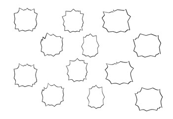 A vector illustration of comic conversation bubbles. Multiple white speech bubbles with jagged outlines are scattered across a plain white background, ready to fill with dialogue for a comic strip.