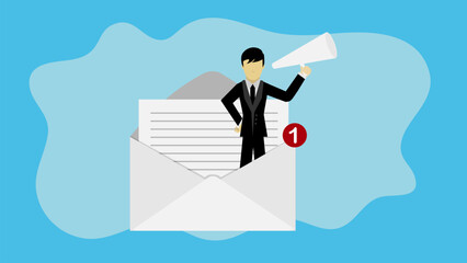 Businessman standing in email envelope announcing promotion through