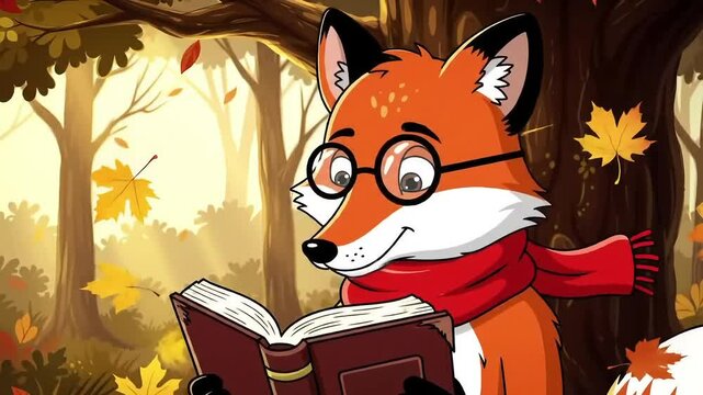 fox wearing glasses and a scarf, standing under a tree reading a book