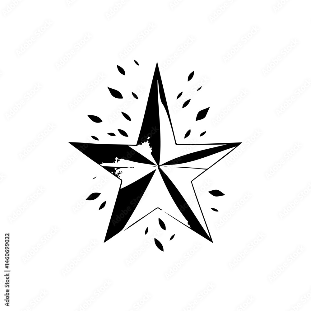 Poster stylized star graphic with distressed texture and floating elements around shape
