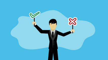 Thoughtful businessman holding right or wrong of left and right hand while making decision