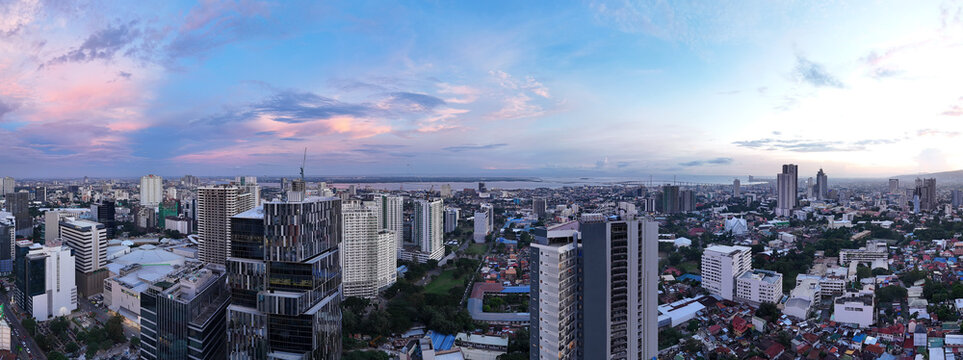 Cebu City landscape at dawn looking towards Mactan. Panoramic view sunrise. 