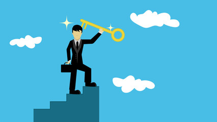 Businessman winner walk up to top of stairway lifting golden success key to the sky