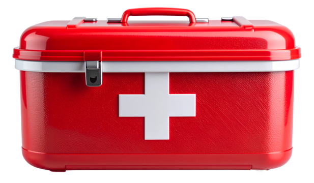 Red first aid kit with white cross isolated on transparent background PNG