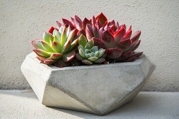 Succulent plants in a geometric concrete planter, showcasing vibrant red and green hues.