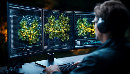 Technician reviewing complex data on multiple screens