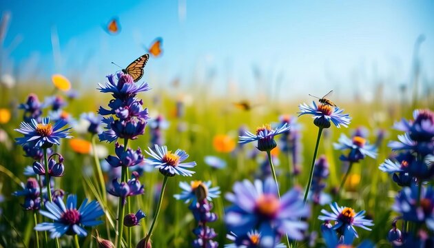 Close-up of vibrant blue wildflowers in a sunlit meadow, delicate butterflies flitting nearby, clear blue sky backdrop, vibrant, flowers