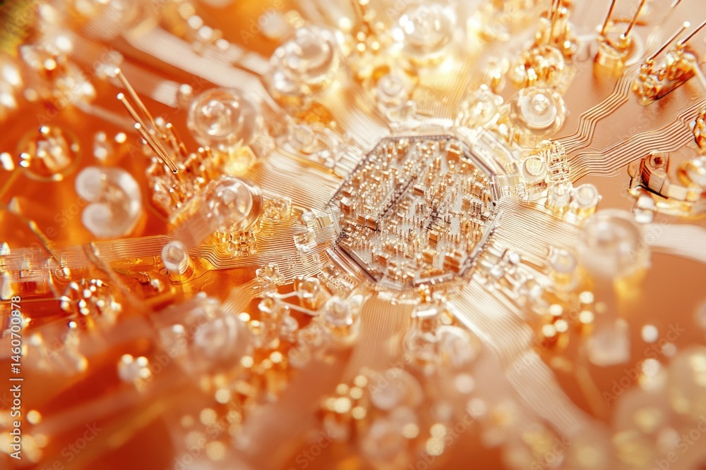 Poster close-up of a complex microchip's intricate circuitry, showcasing technological advancement.