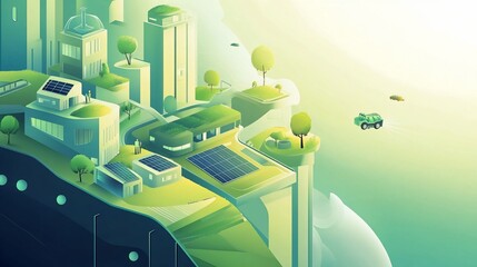 Green futuristic city with solar panels and green roofs on buildings with flying cars