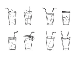 Hand drawn drink line art of cold and hot drink items