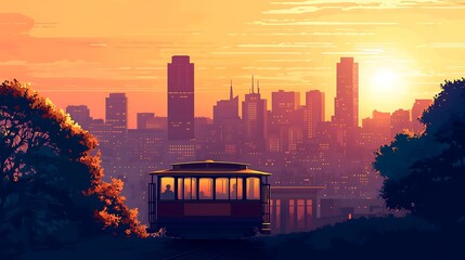 Silhouette of San Francisco cable car climbing a hill, flat vector perspective, buildings as simple geometric blocks, sunset sky in pastel palette, golden light reflecting on windows, hd quality,