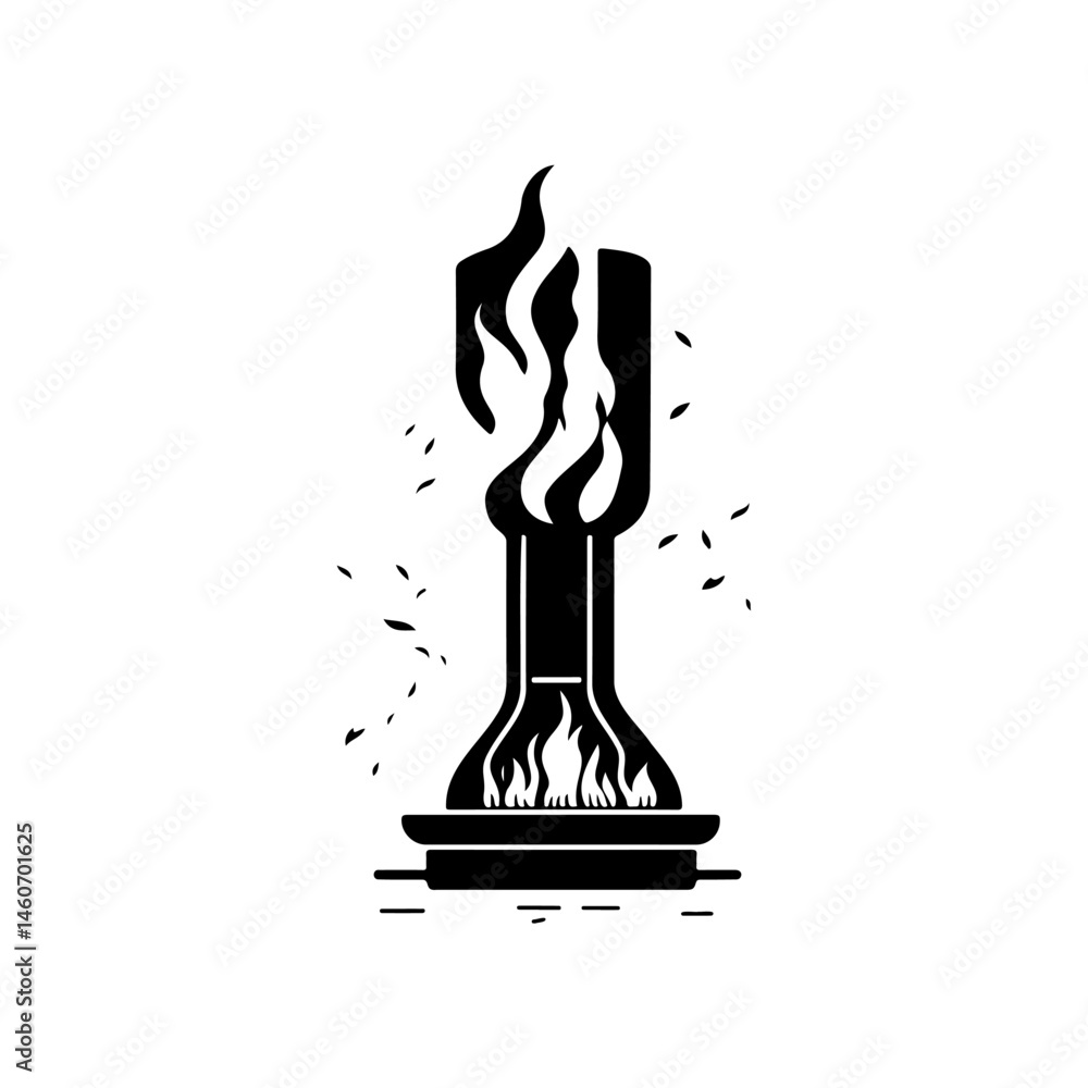Poster monochrome depiction of burning monument with dynamic flame and static base