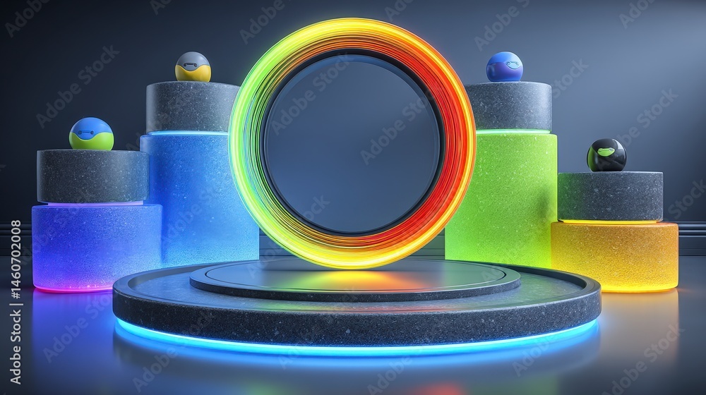 Aufkleber neon circle frame product display abstract background colorful cylinders mockup