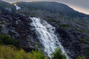 Landfoss Waterfall 2000 ft tall cascade flowing into Akrafjorden