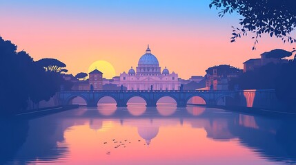 St. Peter’s Basilica in minimalist flat vector, viewed across the Tiber River, silhouette of dome and Vatican walls, soft pastel sky at dawn, simplified reflection in water, hd quality, natural look.