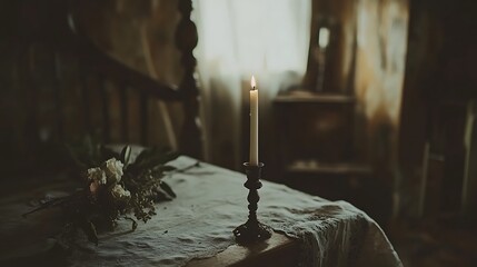 Still life evoking nostalgia with candle, flowers and gentle illumination