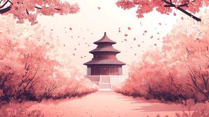 Stylized flat design of Beijing in the spring, Temple of Heaven surrounded by abstract cherry blossom forms, soft pink and white accents, simplified pagoda silhouette, pastel color scheme,