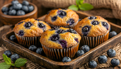 Delicious blueberry muffins on rustic wooden tray, surrounded by fresh blueberries and mint leaves.  Perfect for bakery, food blog, or breakfast themes.