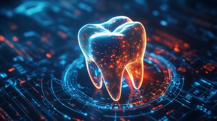 Digital Tooth Rendering with Blue and Orange Lights on Technology Background