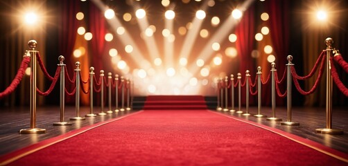 A vibrant red carpet extends towards a brightly lit stage with red curtains, flanked by gold