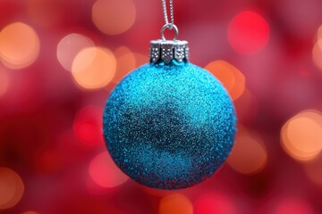 Fototapeta premium Teal sparkly Christmas bauble hangs against blurred red and orange lights