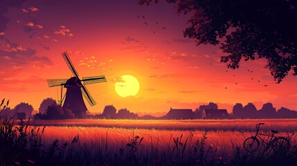 Sunset silhouette of Amsterdam windmill and bicycle in the countryside, orange and magenta sky, fields in simplified flat planes, horizon broken by single tree and house forms, peaceful atmosphere,
