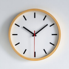 Round wall clock with light wood frame and white face, black hands, and red second hand, isolated on white background