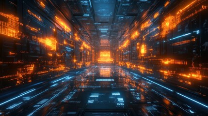 Cyberpunk Digital Corridor: Neon Lights and Futuristic Architecture