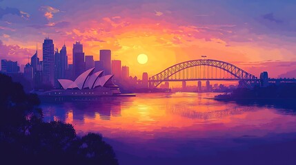 Sydney city skyline in flat vector silhouette, Opera House in foreground, Harbour Bridge arching behind, golden hour tones fading into lavender, modern geometric layout, hd quality, natural look.
