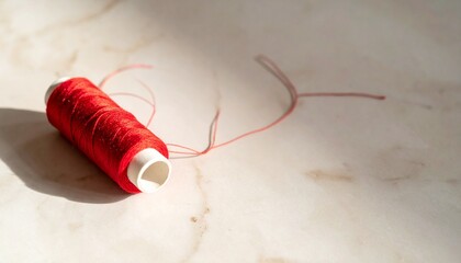 Spool of red thread unravelling across a pale marble floor in soft shadow