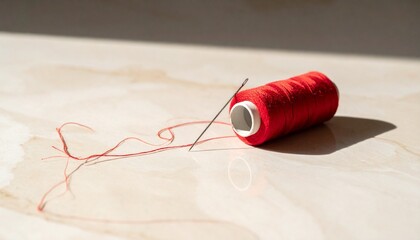 Spool of red thread unravelling across a pale marble floor in soft shadow