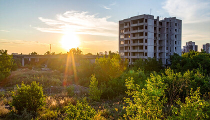 Abandoned concrete building ruins covered with leaves