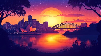 Sydney city skyline in flat vector silhouette, Opera House in foreground, Harbour Bridge arching behind, golden hour tones fading into lavender, modern geometric layout, hd quality, natural look.