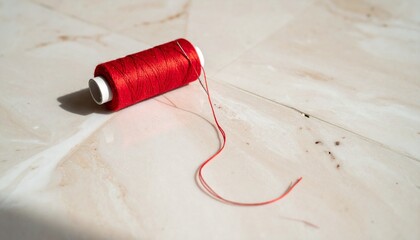 Spool of red thread unravelling across a pale marble floor in soft shadow