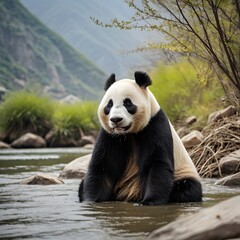 Potrait of fat Panda chilling its body in the river AI Generated Image
