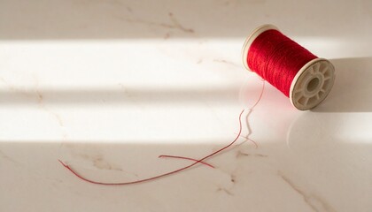 Spool of red thread unravelling across a pale marble floor in soft shadow