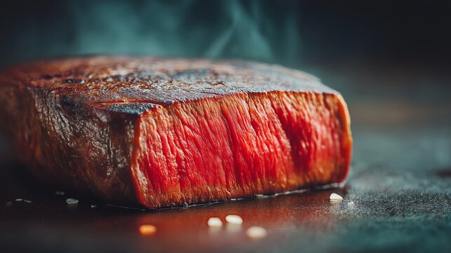 Succulent Steak Close-up: A sizzling, perfectly seared steak showcases its juicy, tender interior, evoking a sense of culinary delight.