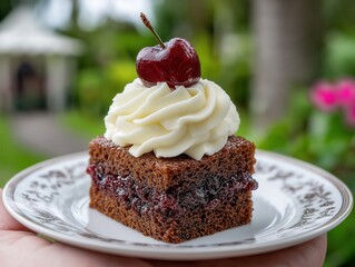 Gourmet Chocolate Dessert Slice with Cherry and Whipped Cream - Perfect Homemade Summer Cake for Coffee Pairing