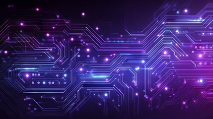 Futuristic blue and purple circuit board background with glowing digital lines and abstract tech design