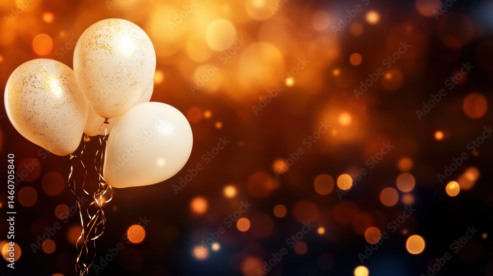 Aufkleber three elegant white balloons with golden sparkles are floating softly against a shimmering golden bo