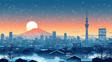 Tokyo cityscape in minimalist winter theme, Skytree and Mt. Fuji in silhouette, snow-covered rooftops in simplified flat design, muted blue-grey tones, clean composition, hd quality, natural look.