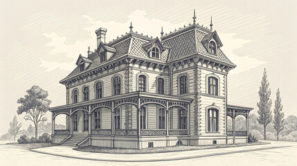 Victorian House Illustration, Architectural Drawing, Historic Home, Vintage Sketch, Detailed Engraving, Classic Architecture, Fine Line Art, Decorative Design