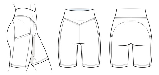 High-Waist Biker Shorts Technical Fashion Illustration. Women’s Compression Shorts Vector Template. Fashion Flats. Side, Front, and Back View. Activewear. CAD Mockup Set.