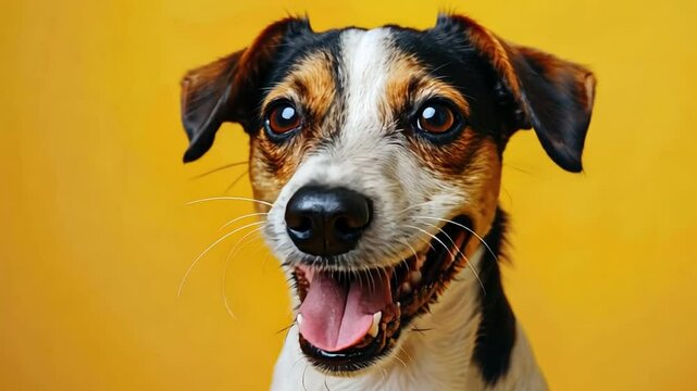 Happy dog with playful expression and bright eyes against vibrant yellow background, showcasing its unique fur pattern and joy pets bring to our lives.