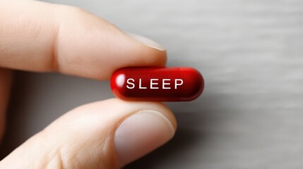 A finger delicately holds a red pill imprinted with the word "SLEEP," suggesting a quick fix for insomnia or rest