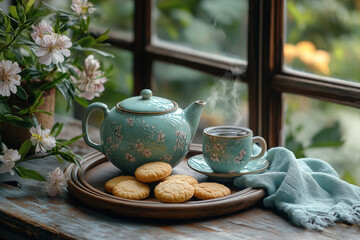 Teapot and cup on wooden table.