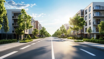 Obraz premium Empty street between modern apartment buildings. Lush green landscaping. Sunny morning